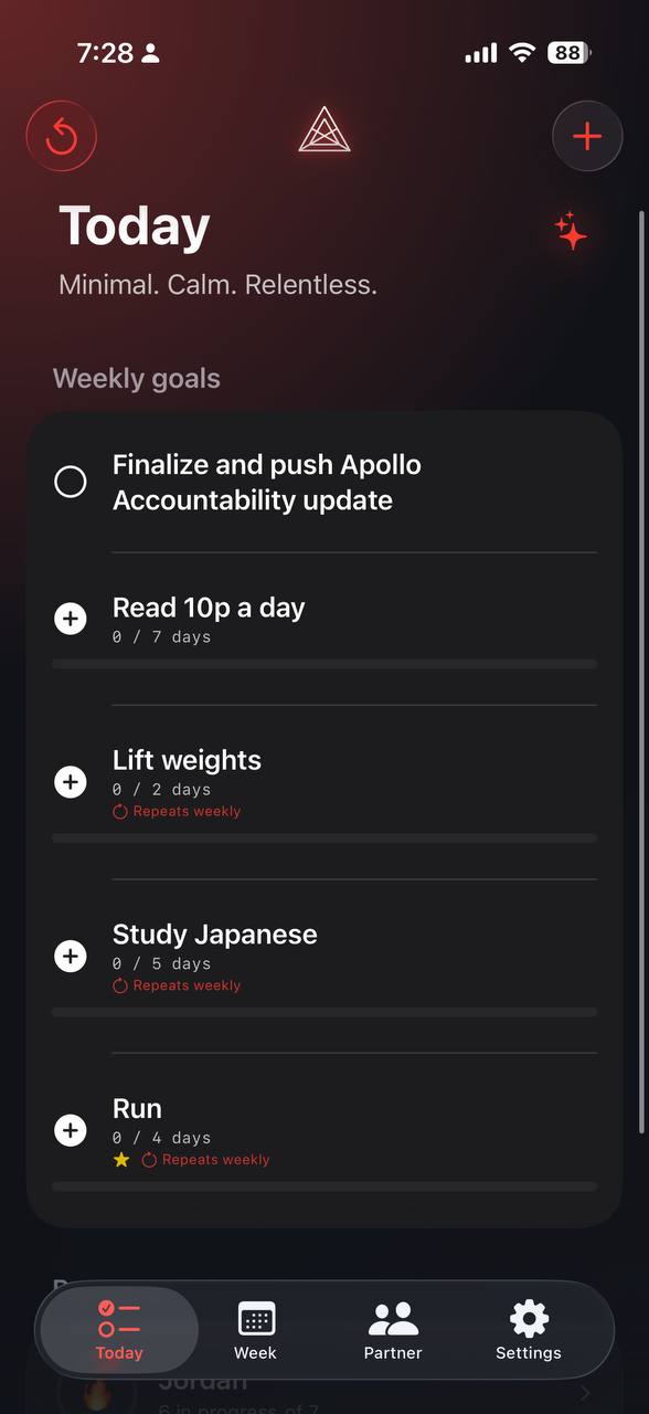 Apollo Accountability Today screen showing weekly goals